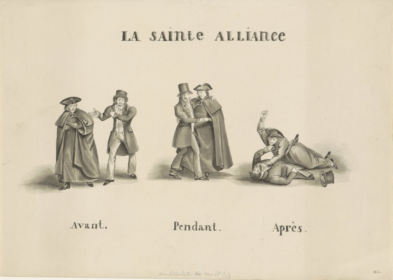 Caricatura de la alianza realizada entre el partido clerical romano y el partido liberal contra el gobierno holandés, 1828 La Sainte Alliance (título sobre objeto) de Unknown