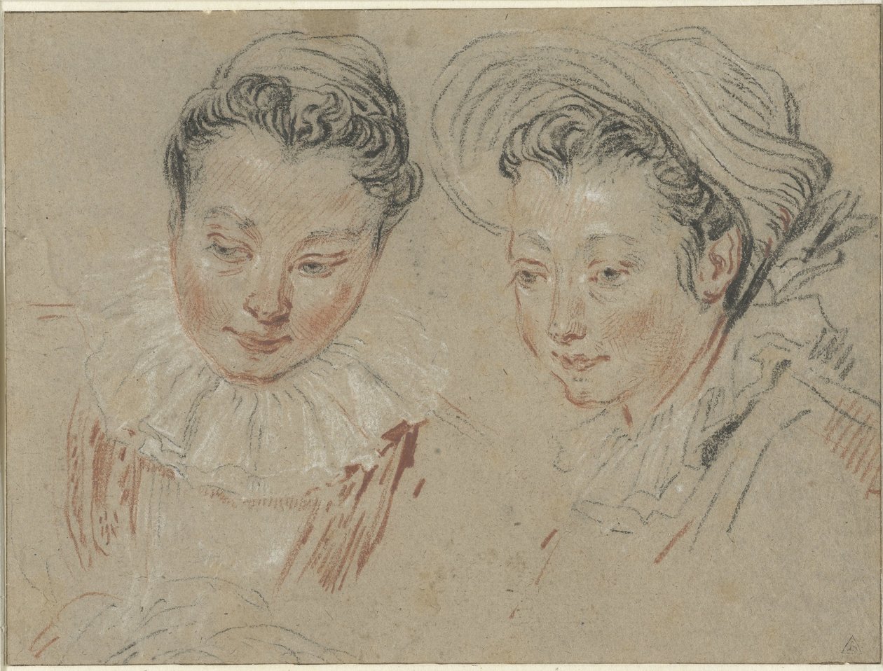 Hoja de estudio con dos cabezas de niñas, la de la derecha con sombrero de paja de Unknown