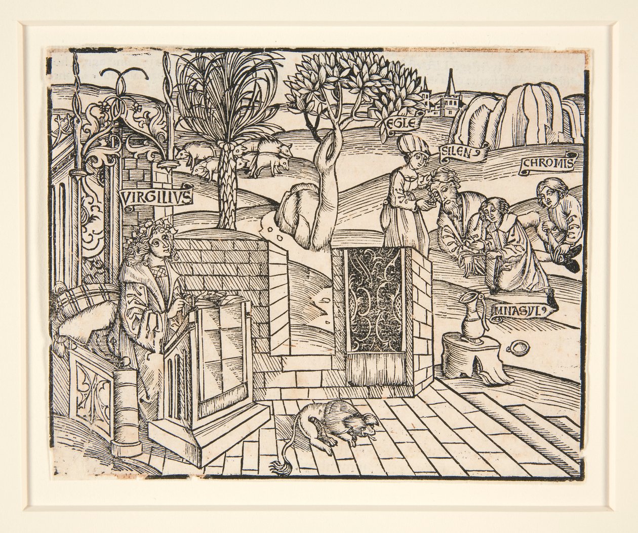 Los pastores Chromis y Mnasyle atando al durmiente Silenus. 1502. De una publicación ilustrada de Virgilio de Unknown
