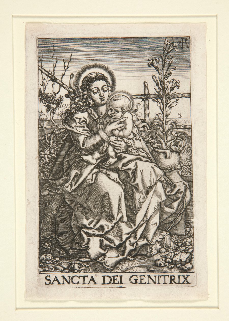 La Virgen y el Niño sentados en la orilla cubierta de hierba de Unknown