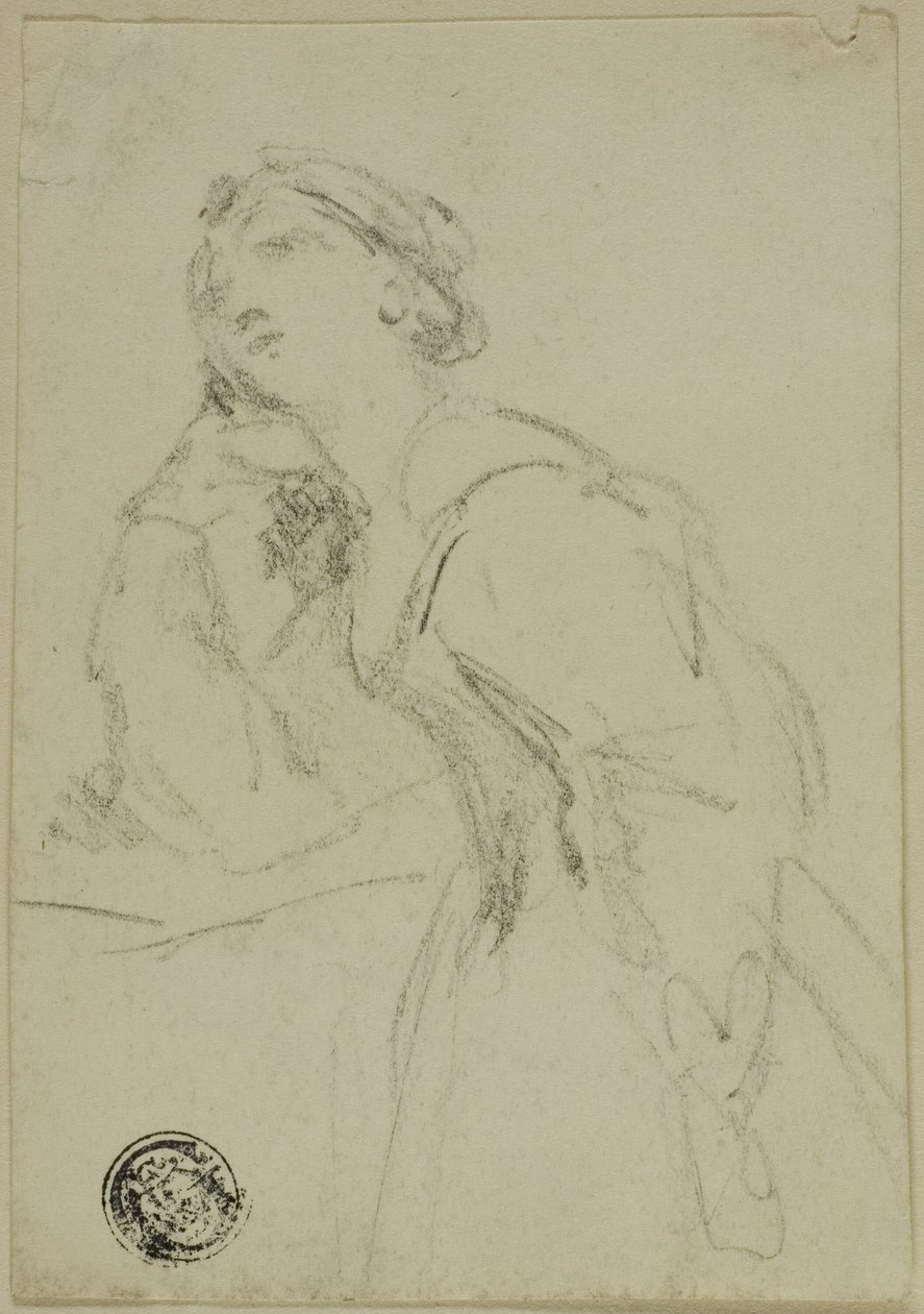 Boceto de tres cuartos de mujer con vestido de noche apoyando la cabeza en la mano derecha de Unknown