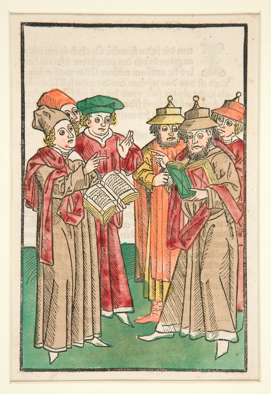 Tres eruditos cristianos y tres judíos en disputa, ilustración de Der Seelen-Wurzgarten de Unknown