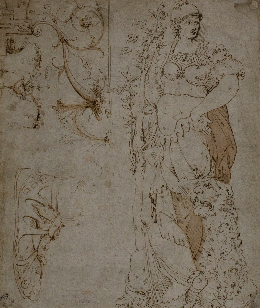 Tres Bocetos: Fortaleza, una Sandalia y Grotescos (recto); Bocetos de Grotescos y Coraza Romana (verso) de Unknown