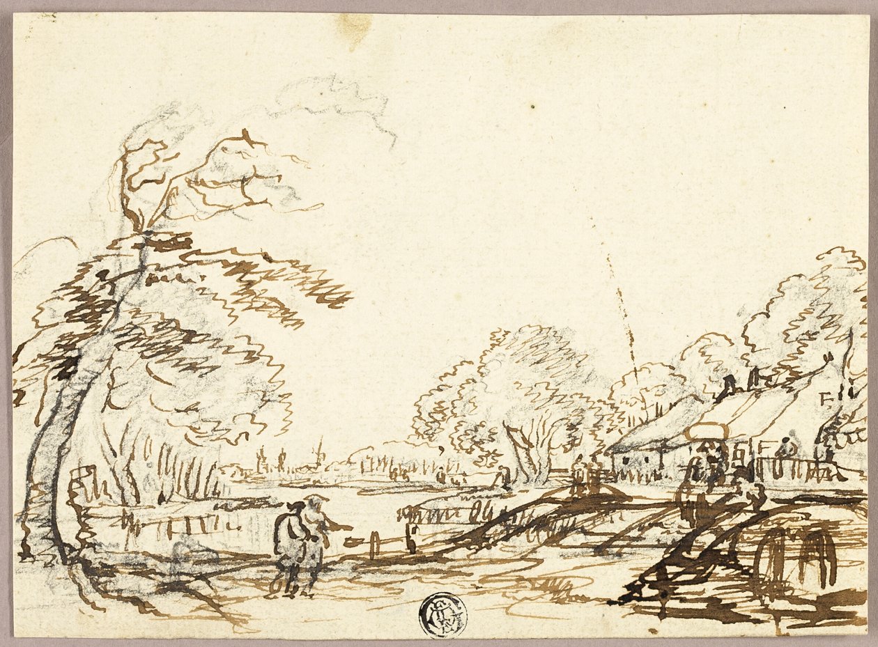Dos figuras junto al río, cerca de puentes y casas (anverso); Dos figuras en un puente mirando a un hombre en una batea (reverso) de Unknown