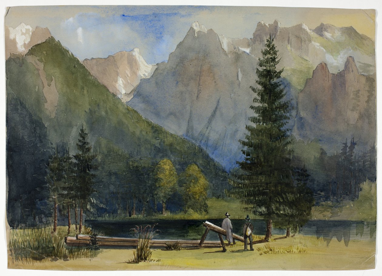 Dos hombres junto al estanque bajo los Alpes de Unknown