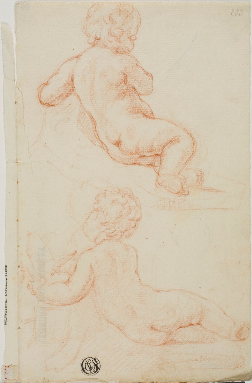Dos putti vistos desde atrás, uno escribiendo de Unknown
