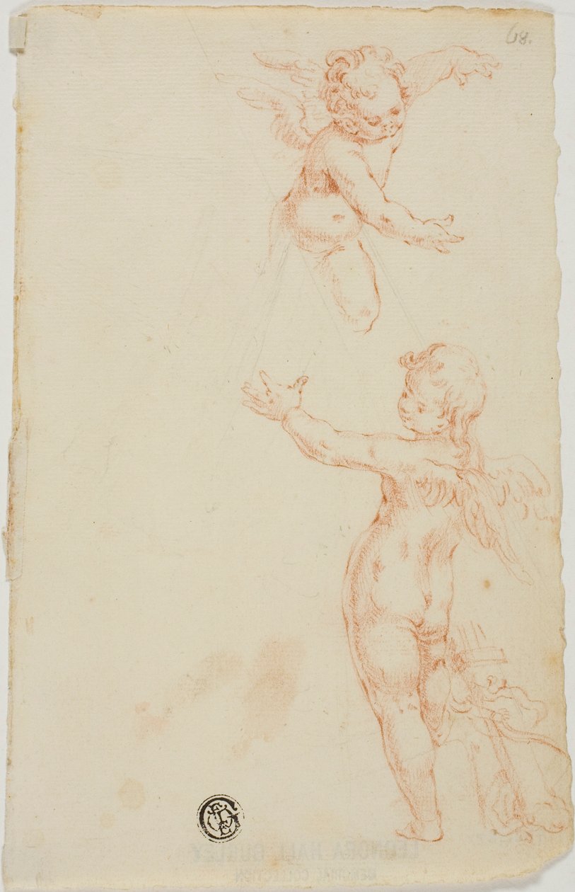 Dos putti alados, uno volando de Unknown