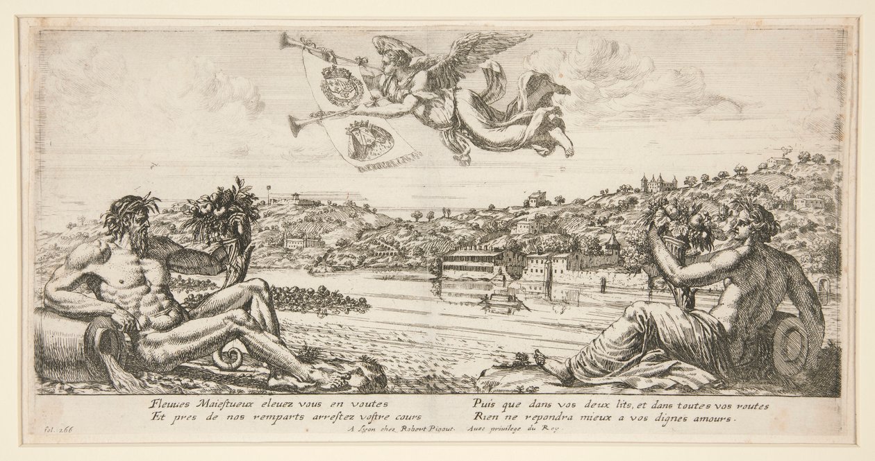 Vista de una ciudad con dos dioses del río reclinados y la fama tocando la trompeta arriba con dos escudos de armas de Unknown