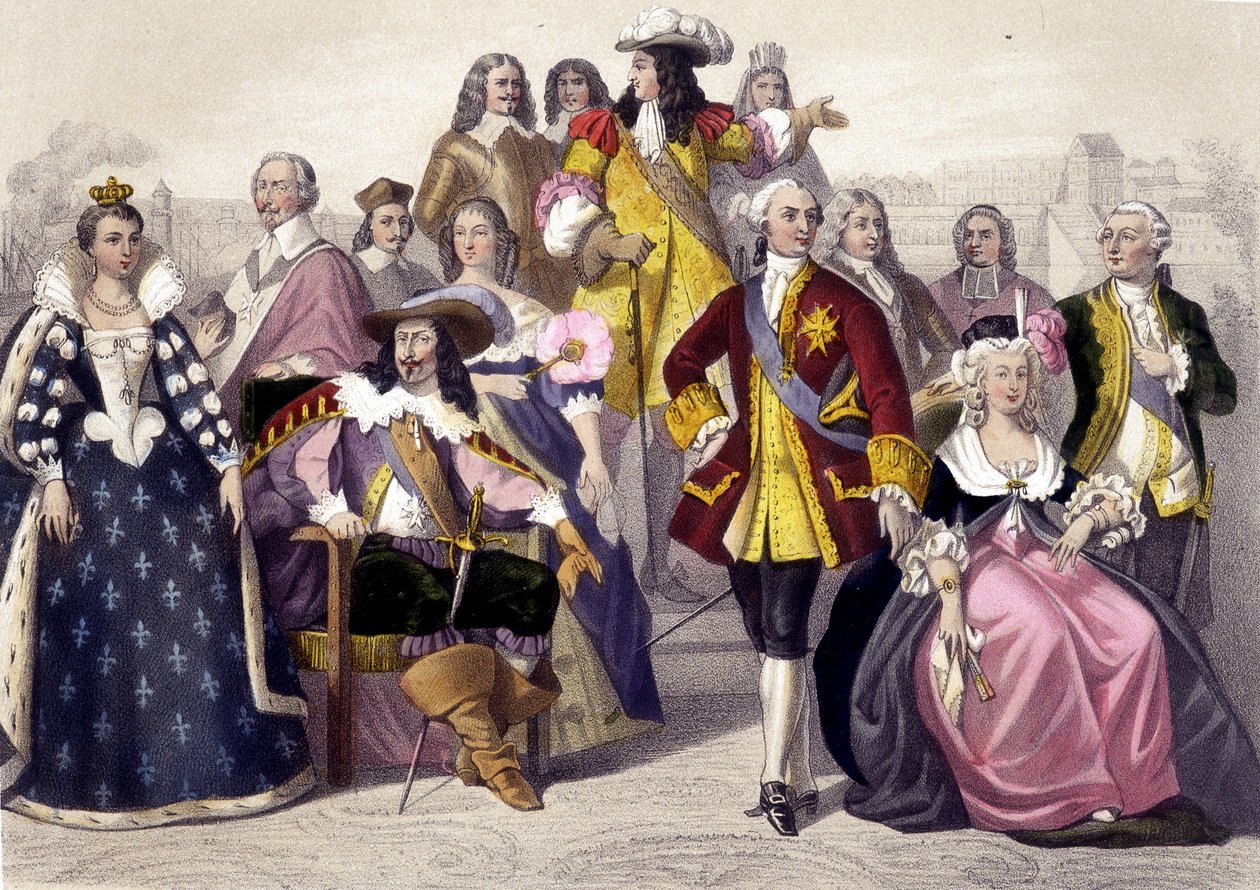 1610 a 1774. María de Médici, Luis XIII, Luis XV, María Antonieta y Luis XVI. Grabado del siglo XIX de Unknown artist