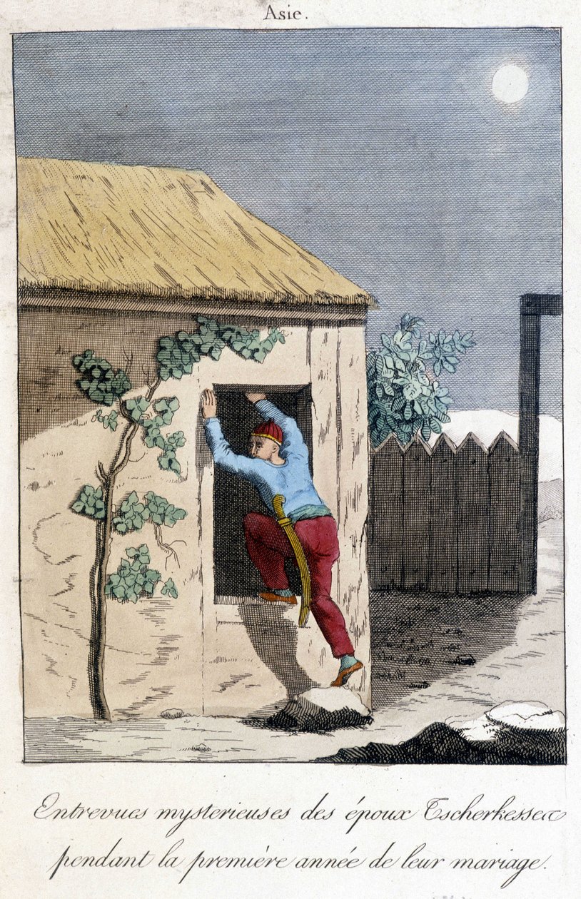 Carta de 1811 que ilustra las entrevistas misteriosas de los esposos de Tscherkessen durante el primer año de su matrimonio (Asia) de Unknown artist