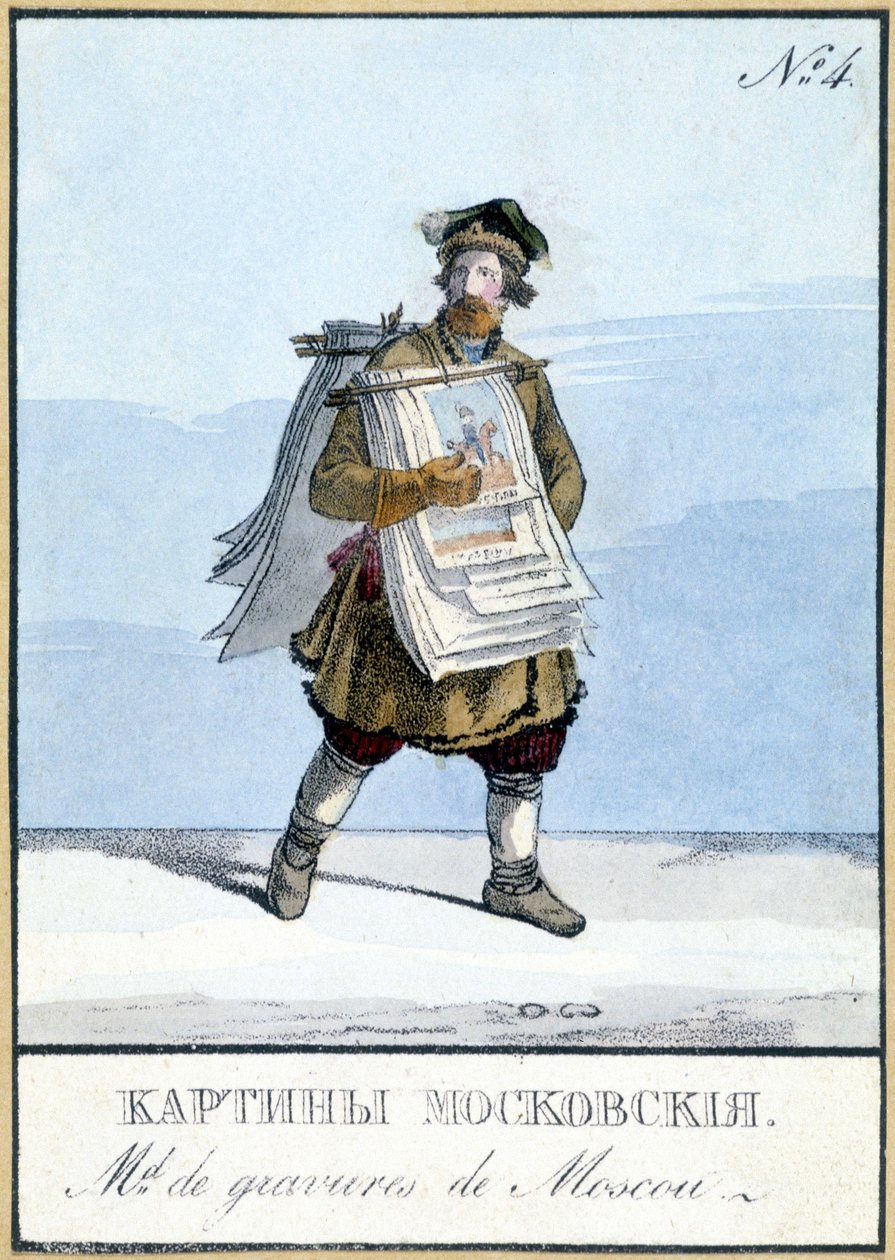 Comerciante de grabados en Moscú del siglo XIX. Ilustración del siglo XIX. de Unknown artist