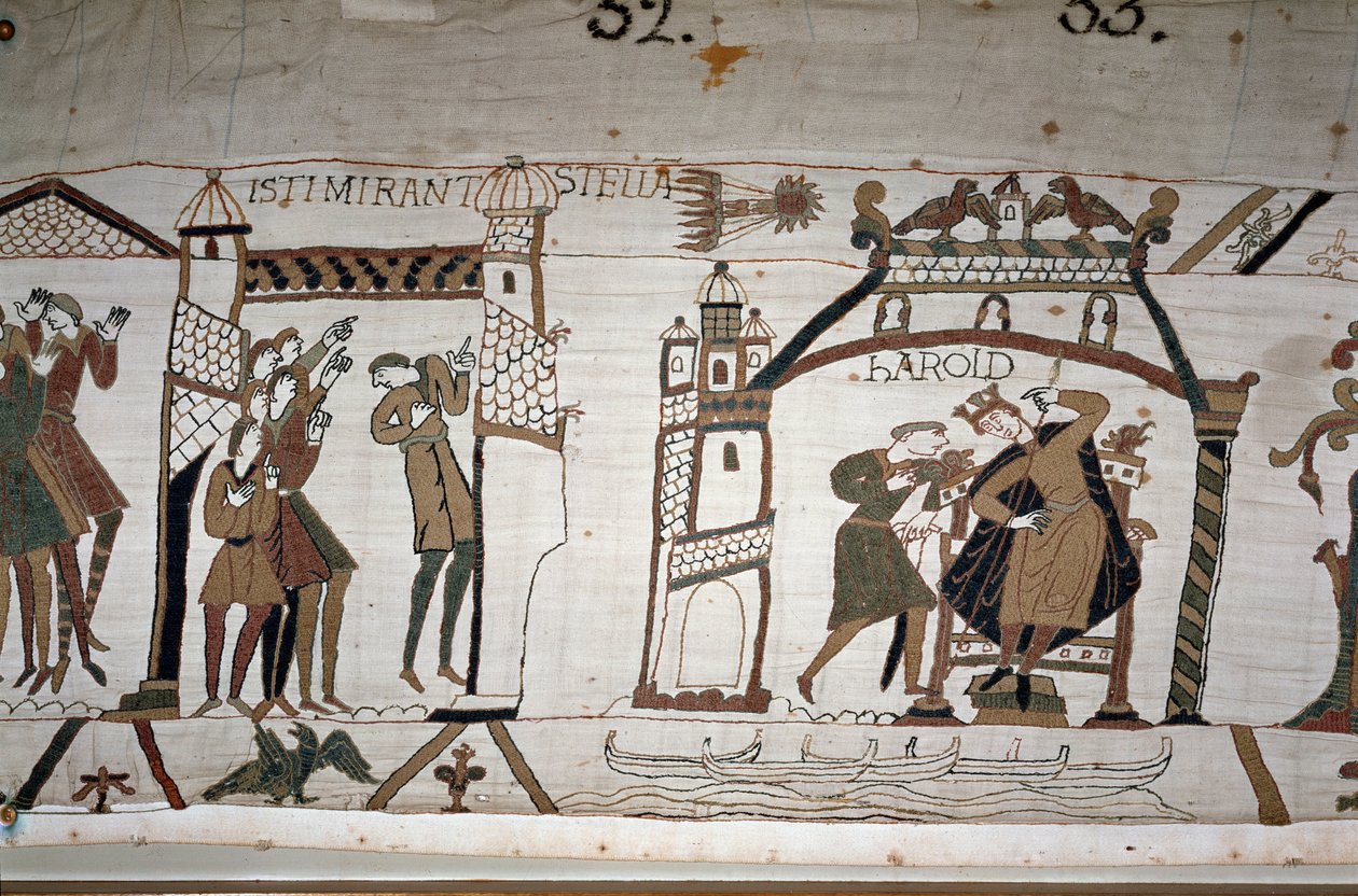 32: La aparición del cometa; 33: Un mensajero advierte al Rey Harold II (1022-1066) - Tapiz de Bayeux, conocido como Bordado de la Reina Matilde de Unknown artist