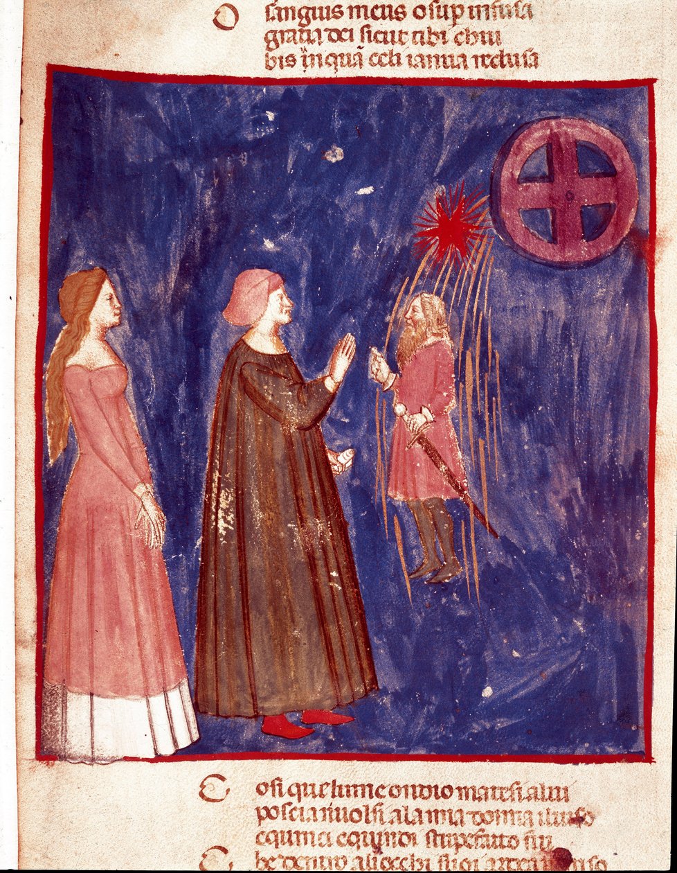 Quinto cielo: Dante y Beatriz se encuentran con el Señor Cacciaguida en la esfera celestial de las almas de los luchadores. Página iluminada que ilustra un canto del Paraíso de la 