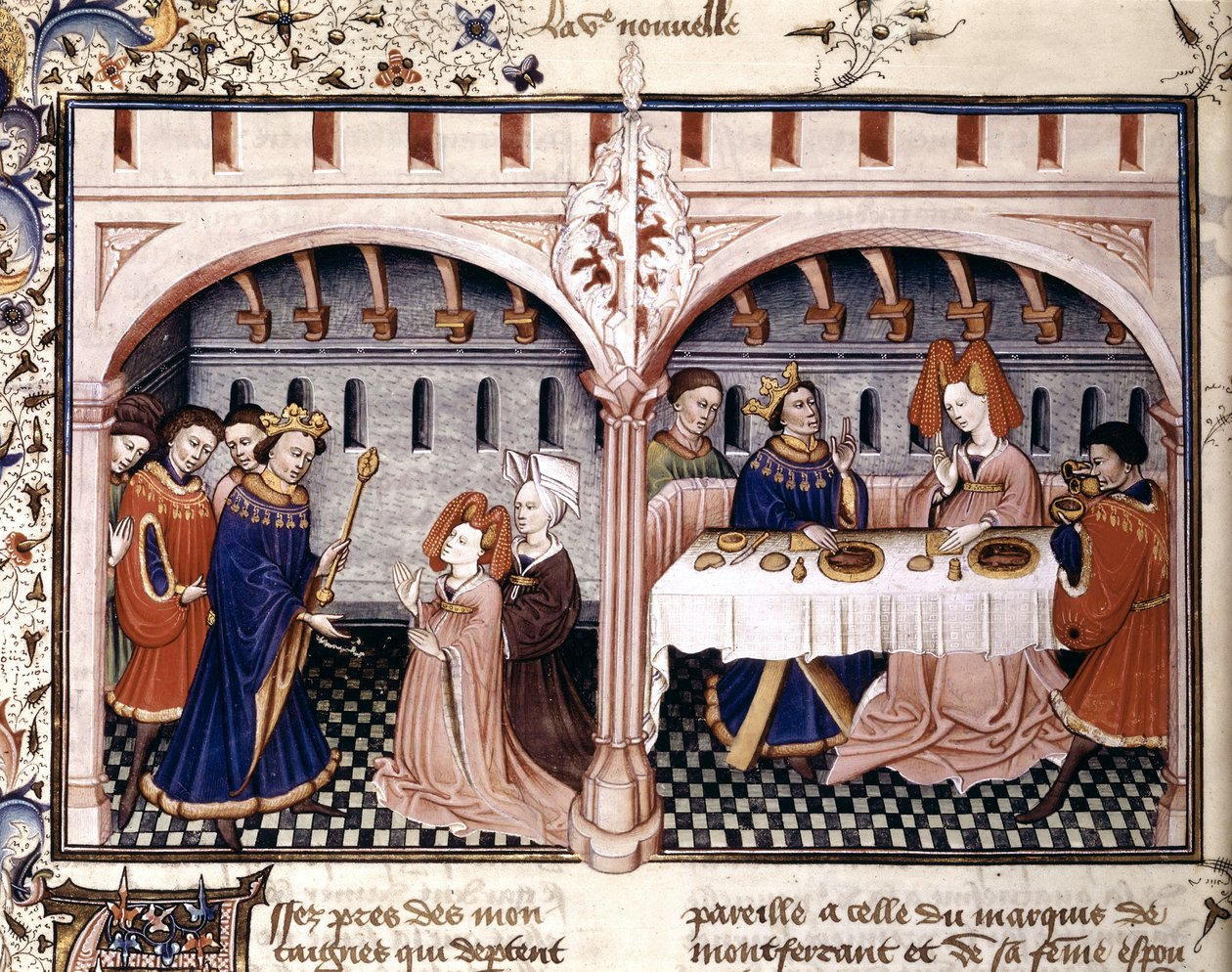 6º cuento : Giovanna almorzando con Federigo Alberighi, es una iluminación extraída del Decamerón de Boccace (1432) de Unknown artist