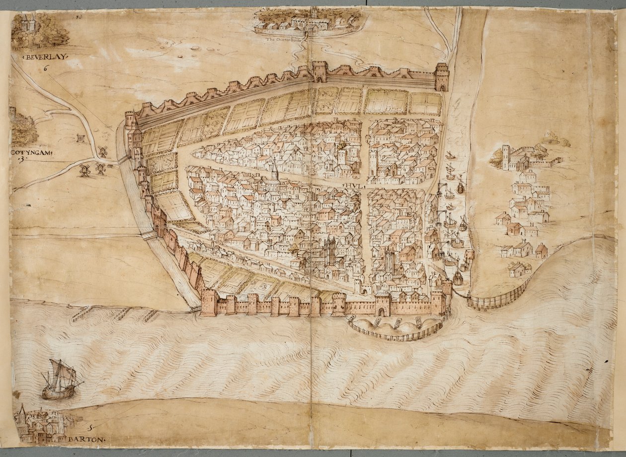 Representación de la ciudad de Hull en el siglo XVI.
Este mapa muestra la ciudad de Hull, situada donde el río Hull desemboca en el estuario del Humber. Forma parte de una serie de planos trazados para mostrar el estado de las defensas costeras a finales  de Unknown artist