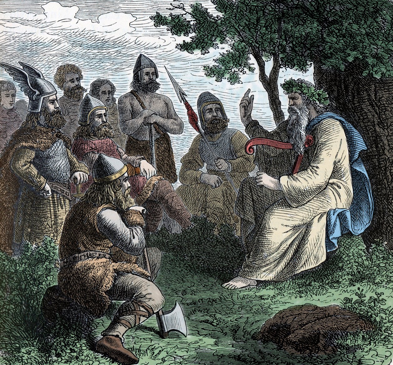 Un bardo recitando a los nórdicos - Civilización vikinga: Un bardo druida recita poesía a los guerreros, siglo VIII-IX de Unknown artist