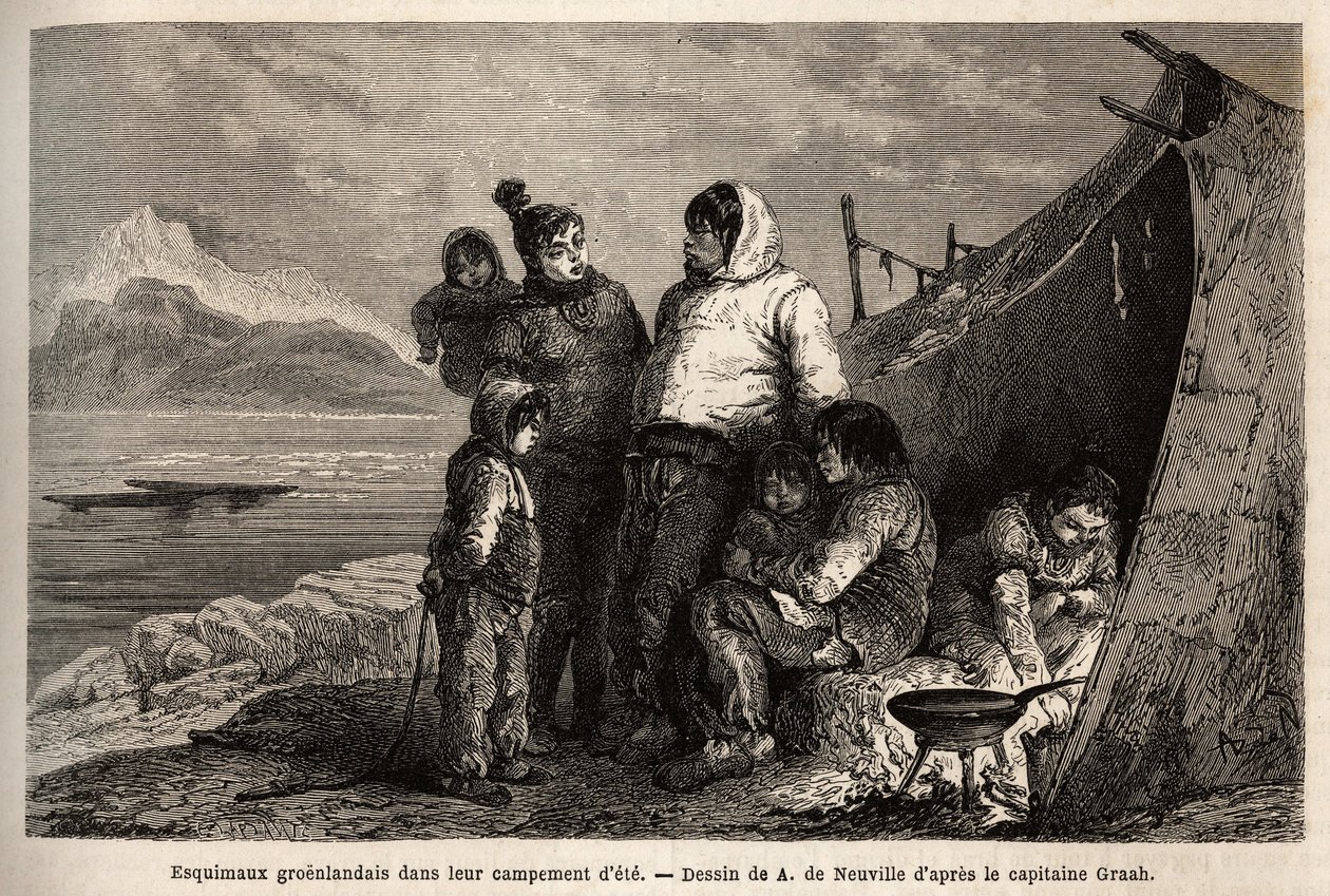 Una familia inuit de Groenlandia en su campamento de pieles de verano. Grabado para ilustrar el viaje al mar libre del polo Ártico, por el Doctor Hayes, cirujano de la Marina de los Estados Unidos, en 1860-1862, publicado en "Le tour du monde, nouveau jour de Unknown artist