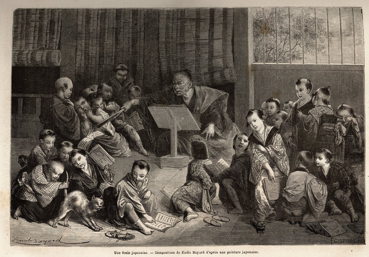Una escuela japonesa, para la instrucción de niños, sentados alrededor de su maestro, aprenden a través de ejercicios de recitación los elementos del alfabeto y la gramática. Grabado para ilustrar el viaje a Japón en 1863-1864, por Aime Humbert, ministro d de Unknown artist