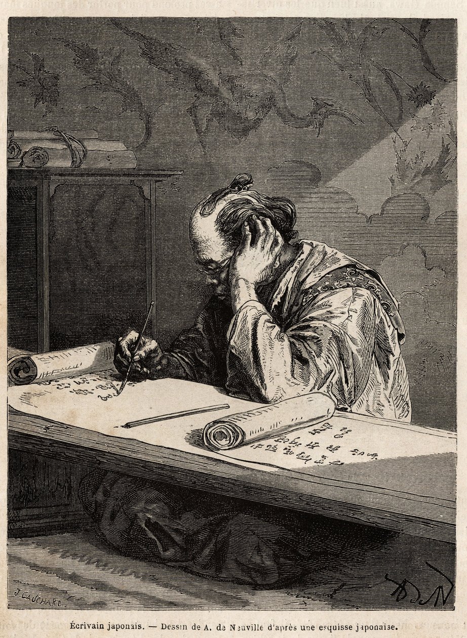 Un escritor japonés tiene su mesa de trabajo, redactando un texto en un largo rollo que enrolla o desenrolla según el progreso de su tarea. Grabado para ilustrar el viaje a Japón en 1863-1864, por Aime Humbert, ministro de la Confederación Suiza, en “Le to de Unknown artist