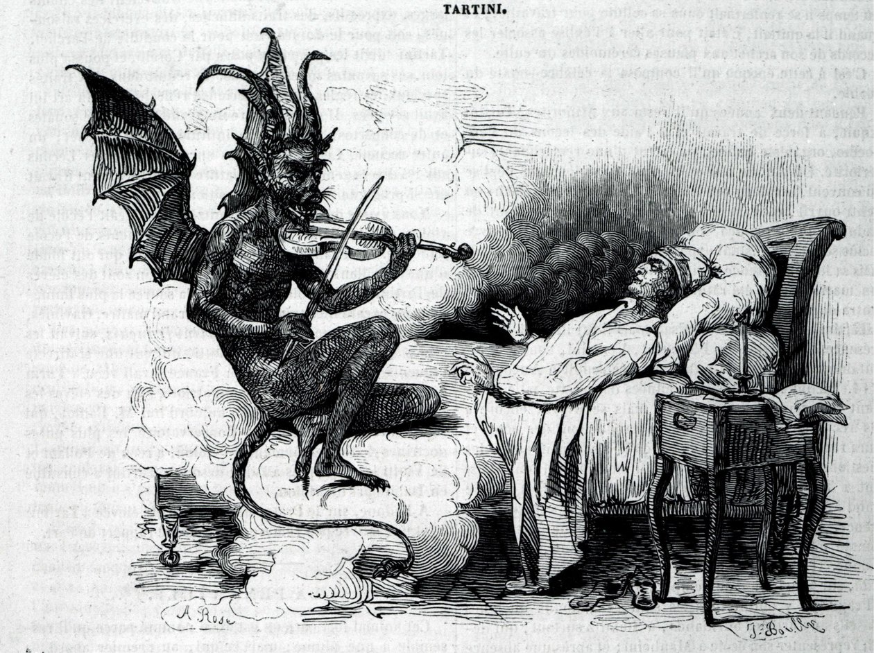 Un sátiro tocando el violín frente a Giuseppe Tartini (1692 - 1770), compositor, violinista y teórico italiano. Grabado del siglo XIX de Unknown artist