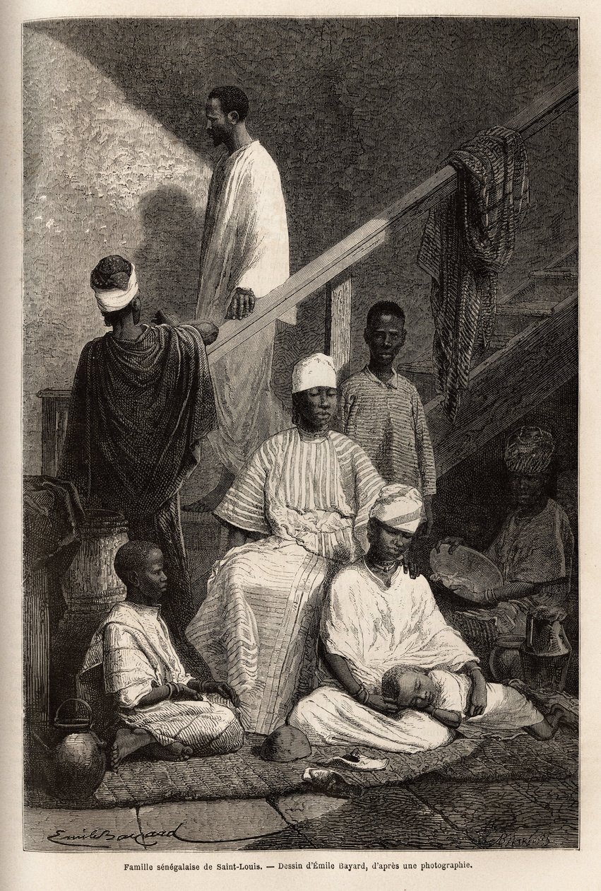 Una familia senegalesa de Saint Louis. Grabado para ilustrar un crucero por la costa de África, por el Vicealmirante Fleuriot de Langle, en 1868, publicado en Le tour du monde, 1872, editado por Edouard Charton, edición Hachette, París. Colección Selva de Unknown artist