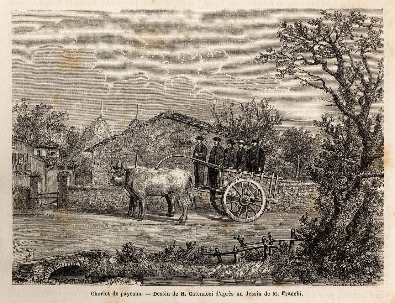 Un carro sienés de campesinos, con dos ruedas, para el transporte de barriles de vino, tirado por un par de pequeños bueyes blancos. Grabado para ilustrar un viaje a Siena (Italia) en 1865, en “Le tour du monde, nouveau journal des voyages” publicado bajo  de Unknown artist