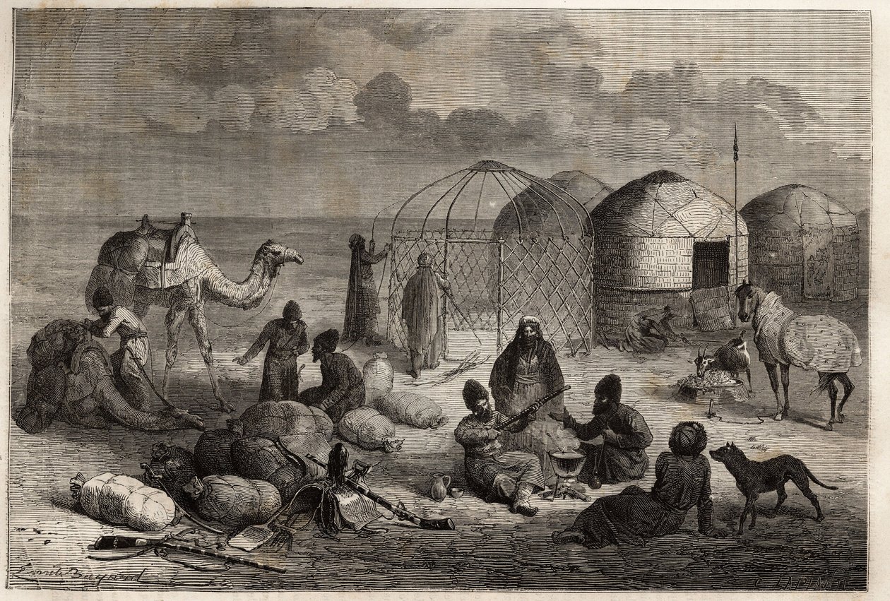 Un campamento turcomano en la zona fronteriza de Turkestán y Persia, cada tienda, compuesta de celosía de madera y cubierta de fieltro, alberga a una familia. Grabado para ilustrar la historia de Henri de Blocqueville "14 meses de cautiverio entre los turc de Unknown artist
