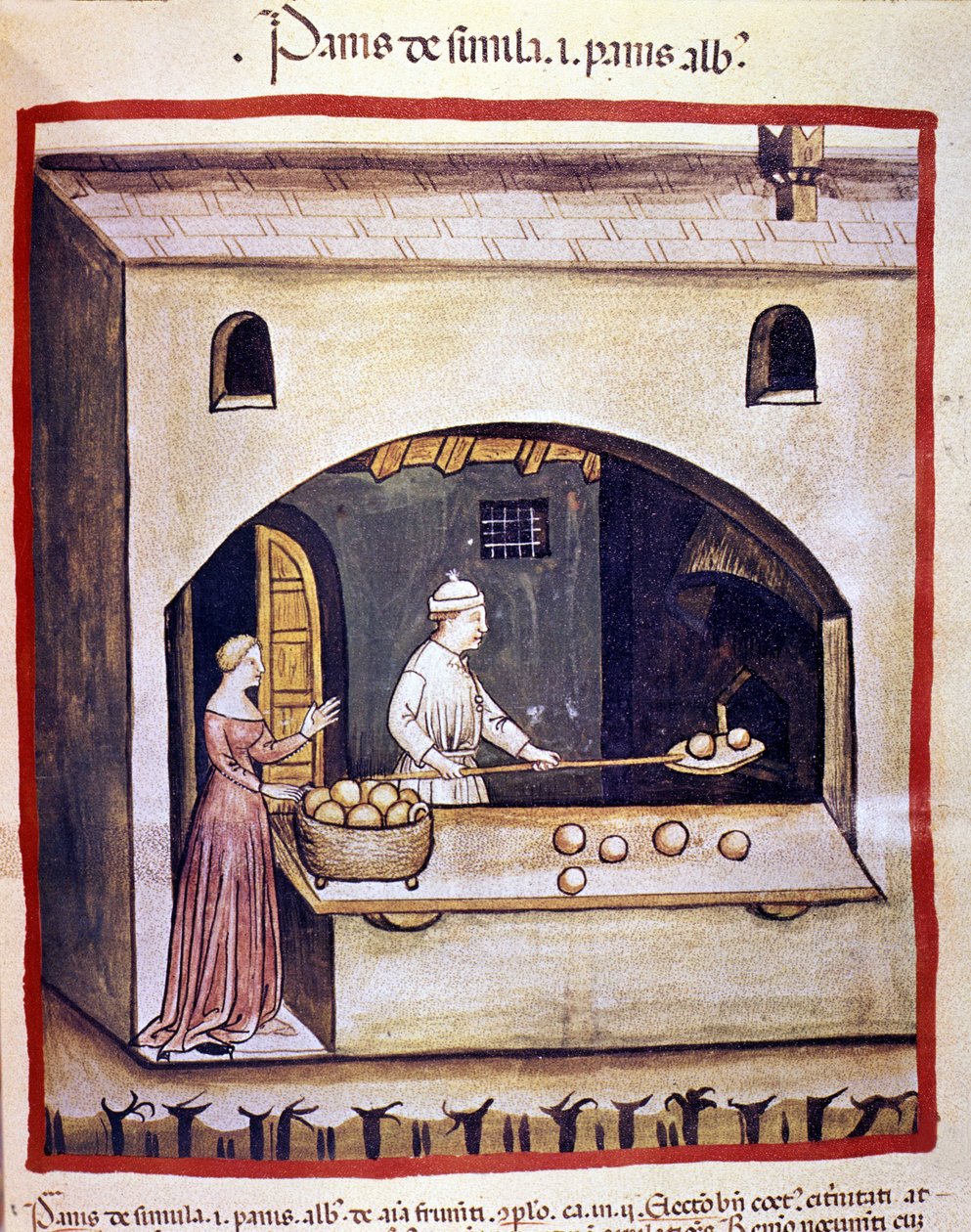 Un panadero prepara pan blanco y pan de sémola. Iluminación del tratado de medicina y dietética "Tacuinum sanitatis" de Unknown artist