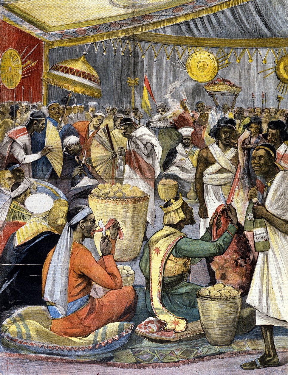 Un banquete en la corte del rey Menelik II (1844 - 1913) en Etiopía. Ilustración para la prensa de finales del siglo XIX. de Unknown artist