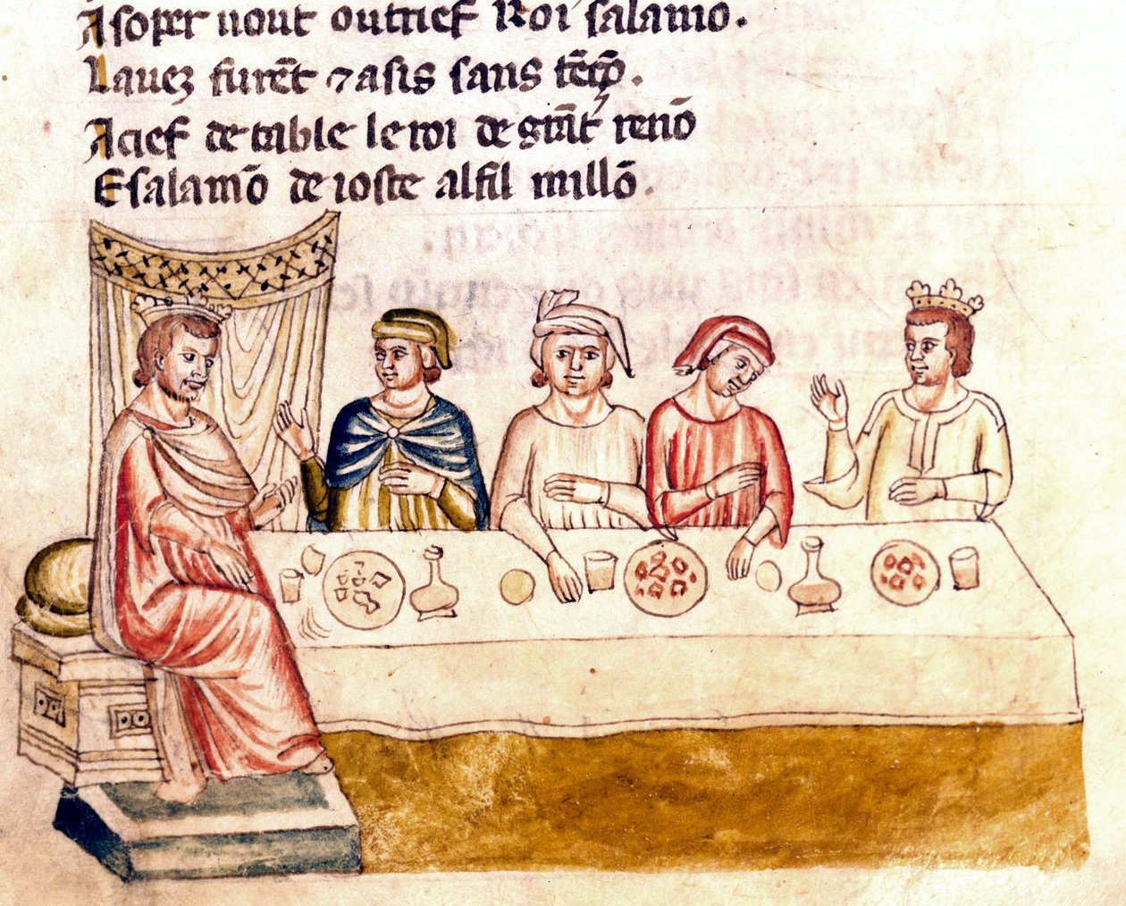 Una escena de banquete: un rey y sus invitados - Miniatura del códice “La Entrada de España” (Ms.Franc.21) siglo XIV. Biblioteca Marciana, Venecia. de Unknown artist