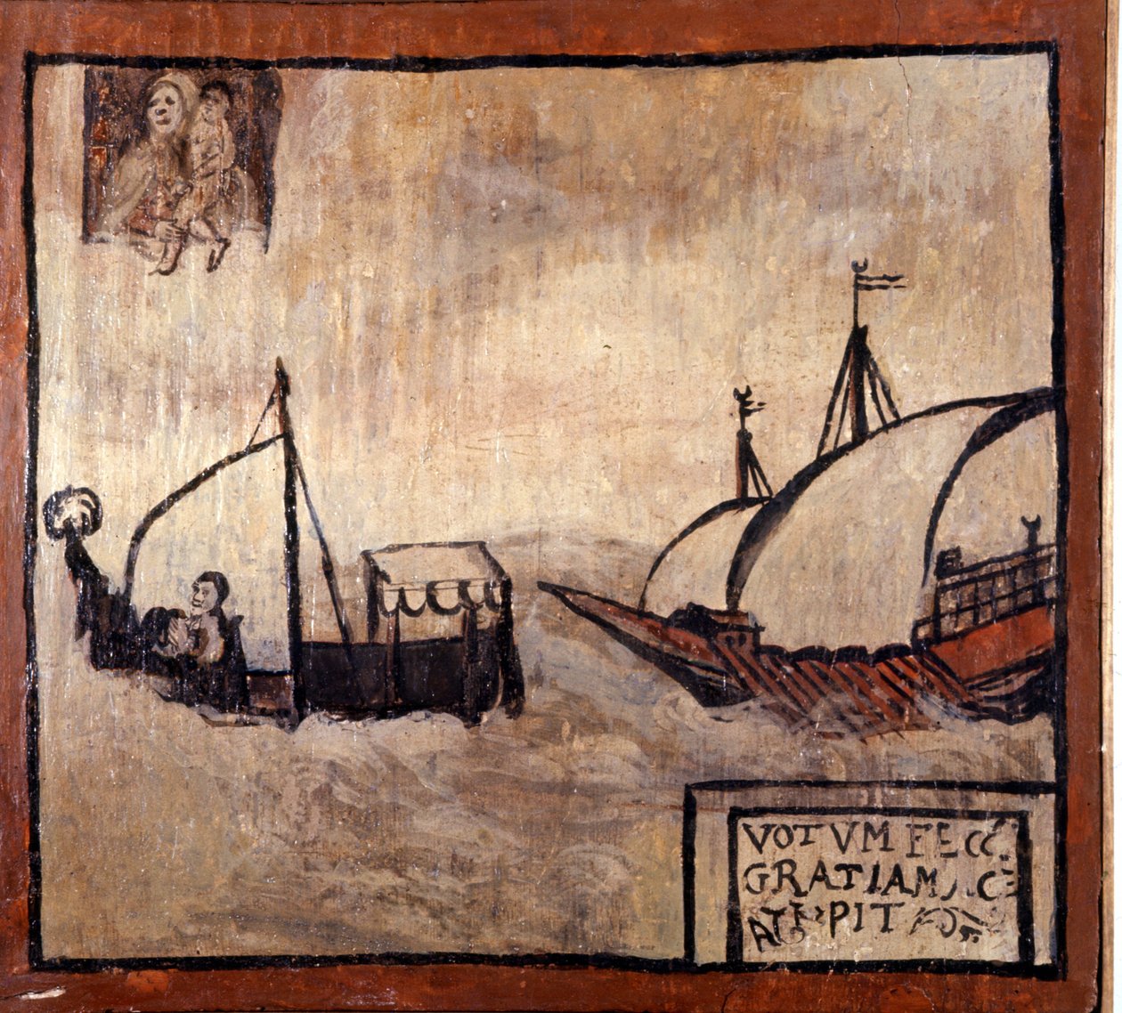 Una galera berberisca persigue un barco de pescadores napolitanos. Exvoto del siglo XVII. Madonna dell