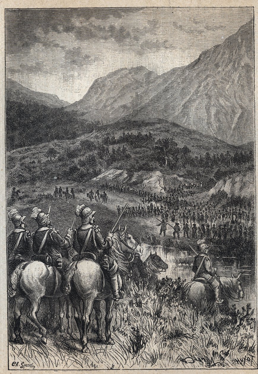 Un campo de batalla - ilustración del siglo XIX para la novela histórica “Los Puritanos de Escocia” (Vieja Mortalidad) de Walter Scott (1771-1832) de Unknown artist