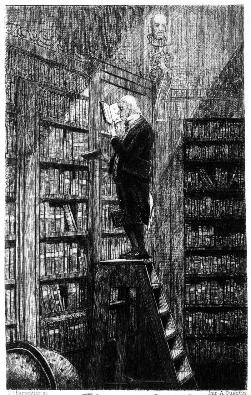 Un bibliotecario en su escalera examinando libros en estanterías. Grabado del siglo XIX de Unknown artist