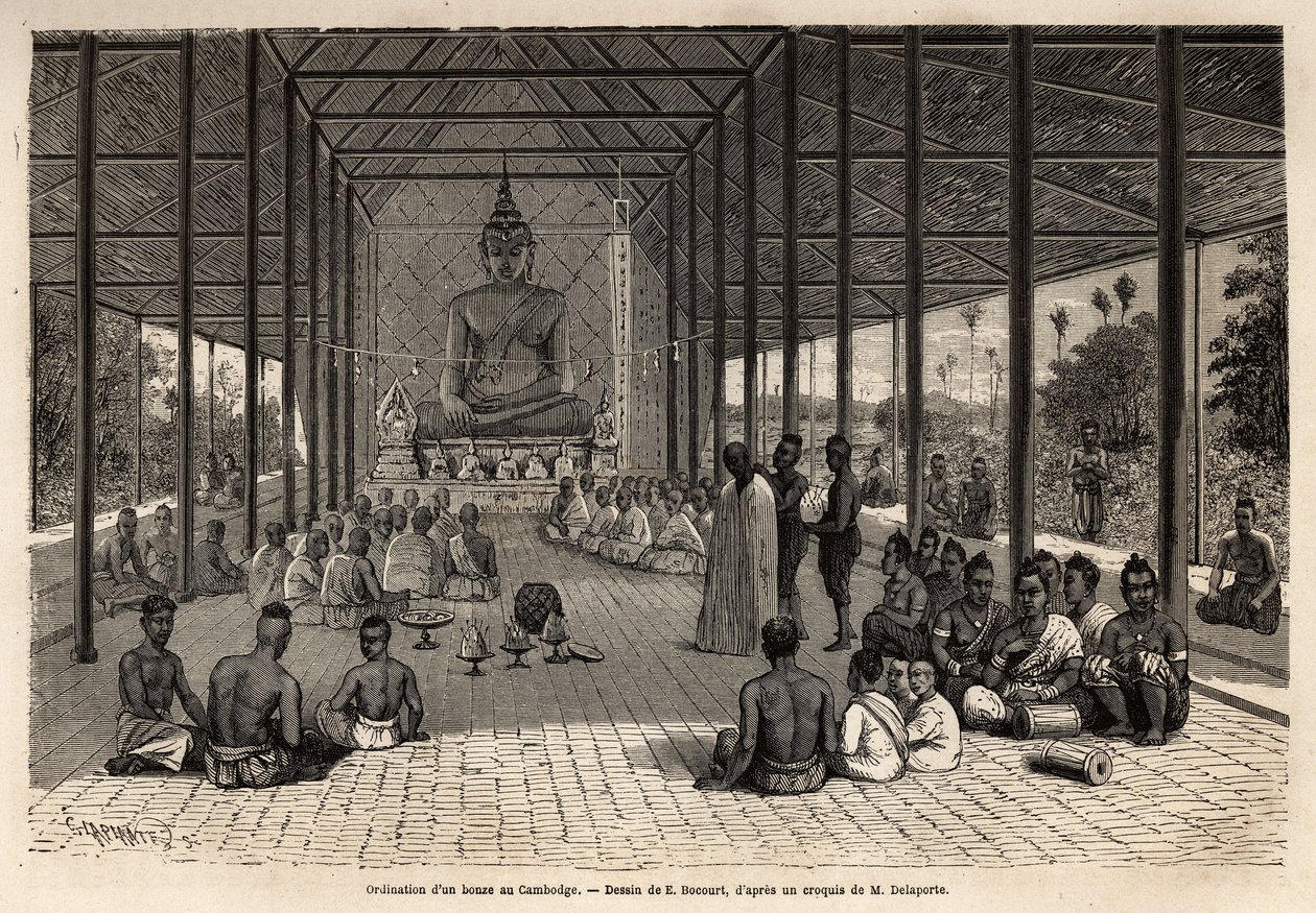 Ceremonia de ordenación de un bonzo en un templo en las cercanías de Angkor, Camboya. Grabado para ilustrar el viaje de exploración en Indochina, por Francis Garnier, teniente de Vaissseau, en 1866-1868, publicado en “Le tour du monde” 1870-1871, editado p de Unknown artist