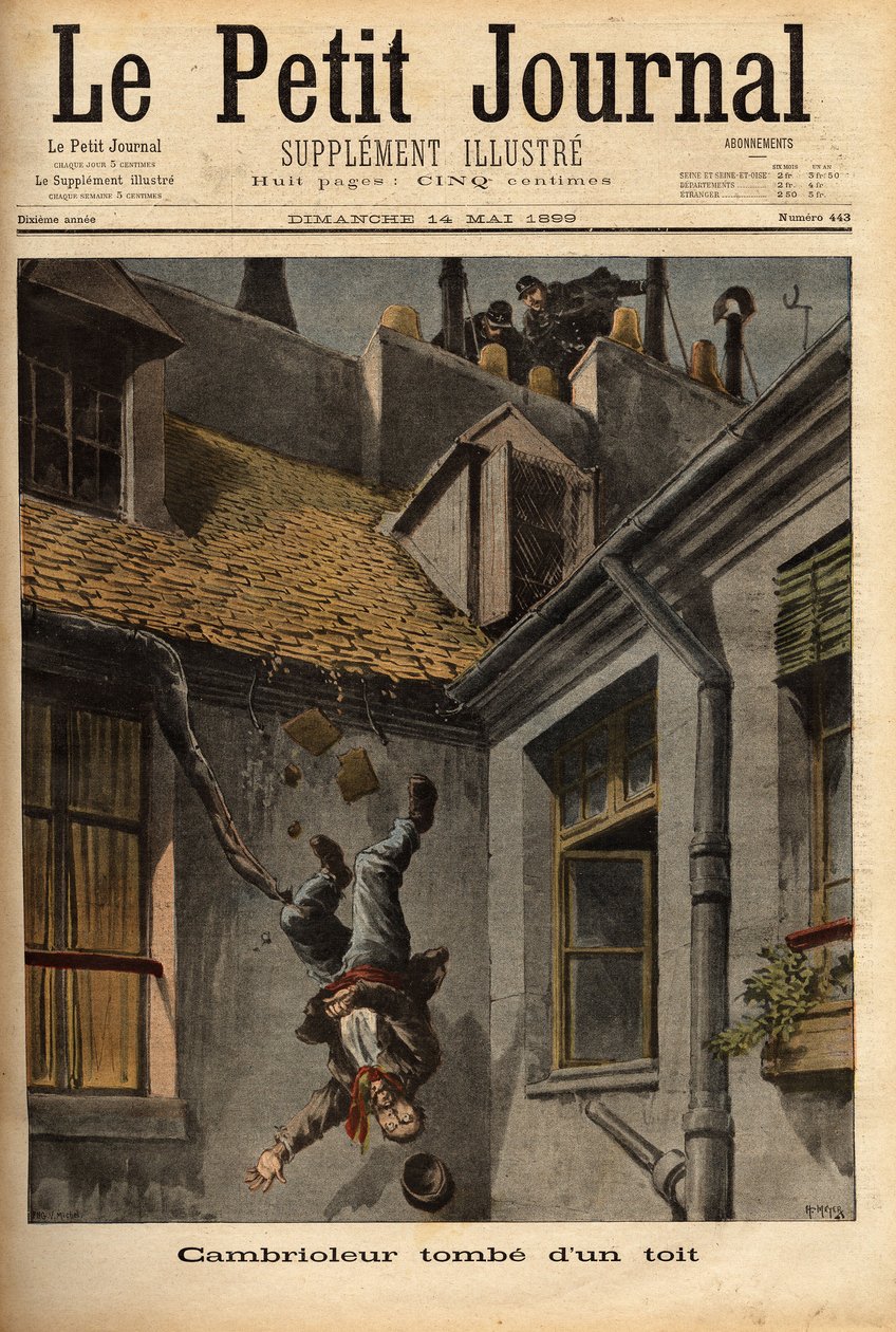 Un ladrón cae de los tejados de la calle Notre Dame en Nazaret, en su precipitación por huir de los policías. Grabado en "Le petit journal" 14/5/1899. Colección Selva de Unknown artist