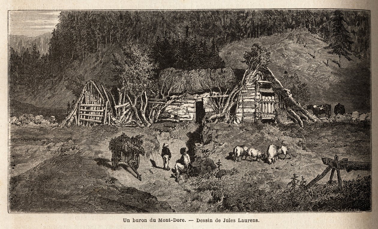 Un burón de Mont-Dore (Mont Dore), un edificio ubicado en los pastos de montaña del centro de Francia, opera estacionalmente, se usa para hacer queso de mayo a octubre y para albergar vacas. Grabado para ilustrar el viaje a los volcanes del centro de Franc de Unknown artist