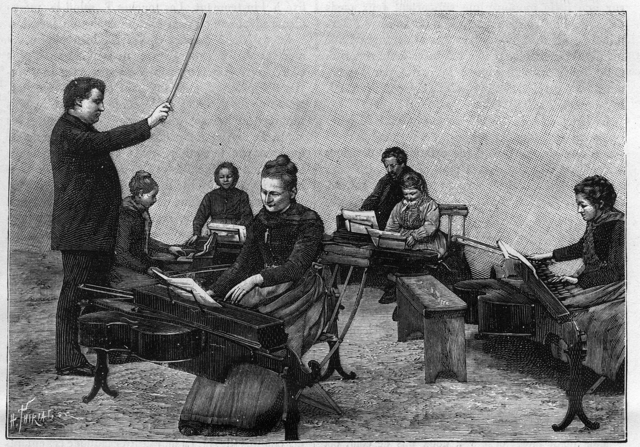 Un concierto de monocordios ejecutado por niñas. Grabado en “La Nature. Revue des sciences et de ses aplicaciones aux arts et à l