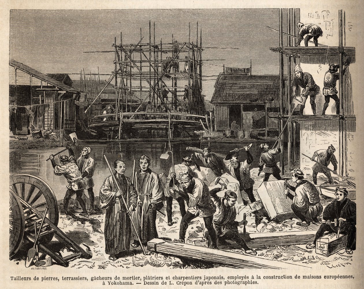 Un sitio de construcción para una casa europea en Edo (Tokio) con cortadores de piedra, terraceros, mezcladores de mortero, yeseros y carpinteros empleados allí. Grabado para ilustrar el viaje a Japón, por Aime Humbert, ministro de la Confederación Suiza,  de Unknown artist