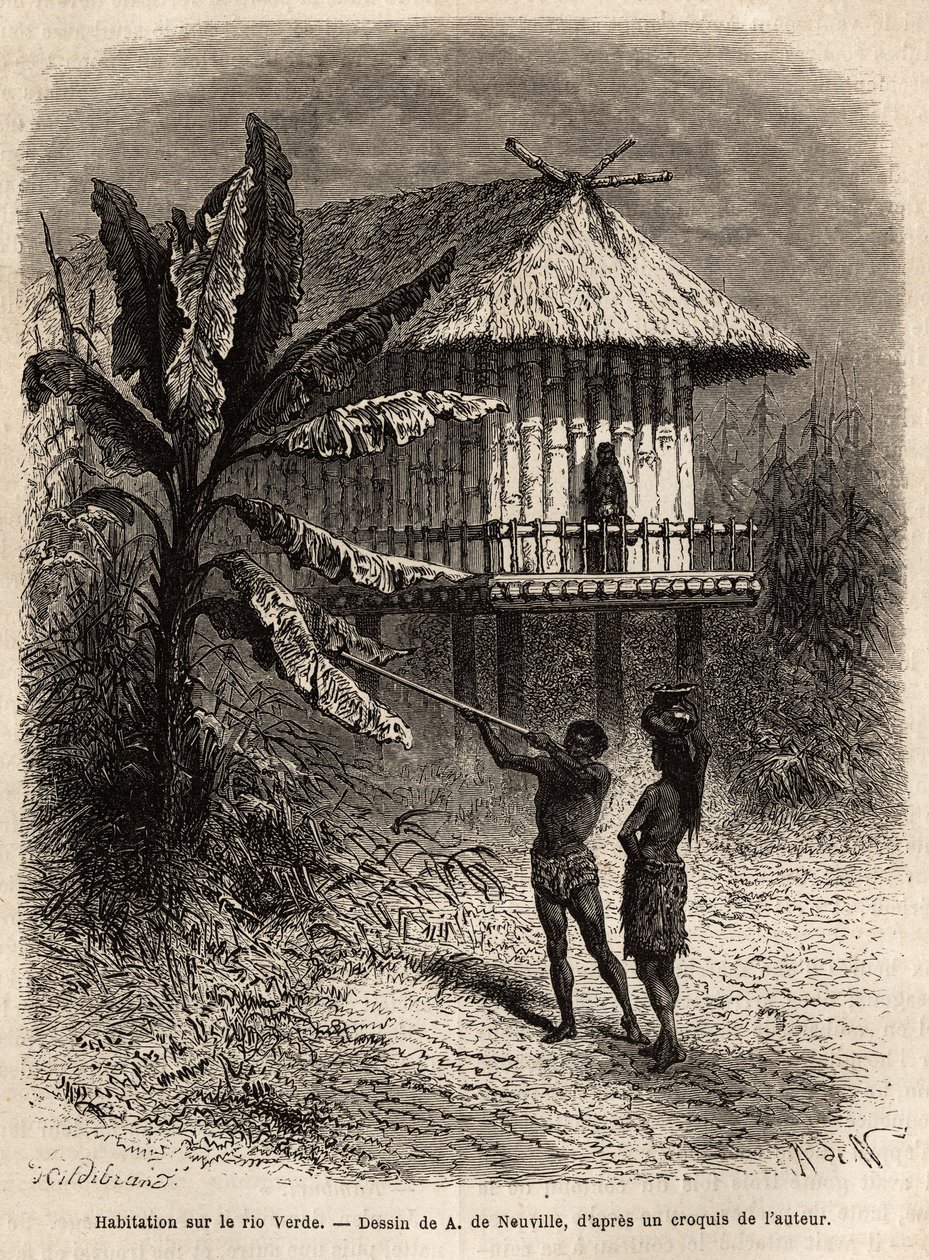 Una pareja de indios de Río Verde (Brasil) el hombre con su cerbatana, frente a una casa típica sobre pilotes. Grabado para ilustrar el viaje a Nueva Granada, por el Dr. Saffray, en 1869, publicado en 