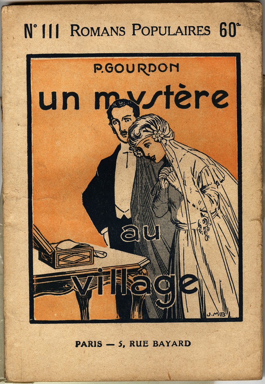 Una pareja de jóvenes novios descubre una carta, que hace las delicias de la esposa pero sorprende enormemente al marido. Ilustración de cubierta para la novela popular "Un mystere au village" de P. Gourdon, edición bonne presse, París 1923. Colección Selv de Unknown Artist