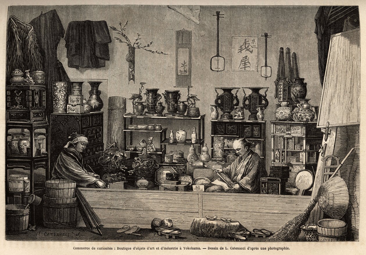 Un negocio de curiosidades en Yokohama. Grabado para ilustrar el viaje a Japón, por Aime Humbert, ministro de la Confederación Suiza, en 1863-1864, publicado en 