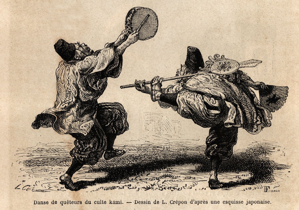 Una danza de la cofradía del culto Kami, con recitación de letanías y figuras coreográficas inesperadas. Grabado para ilustrar el viaje a Japón, por Aime Humbert, ministro de la Confederación Suiza, en 1863-1864, publicado en 