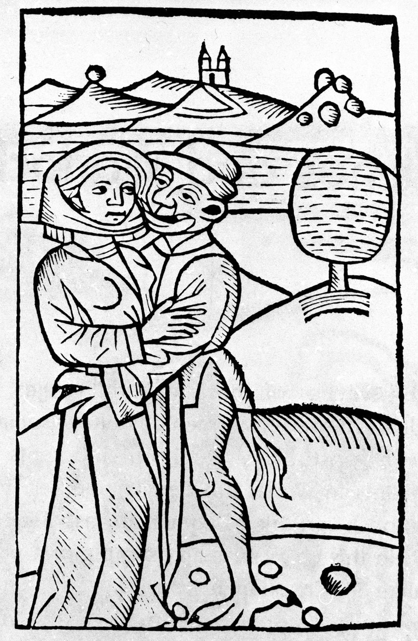 Un demonio besa a una bruja. Xilografía alemana del siglo XVI de Unknown artist