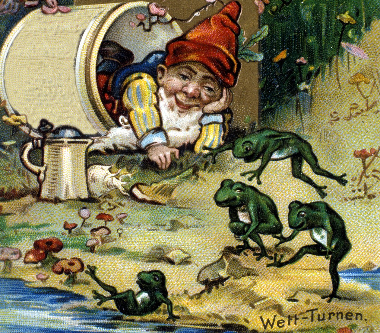 Un enano o farfadet jugando con ranas. Cromolitografía del siglo XIX de Unknown artist