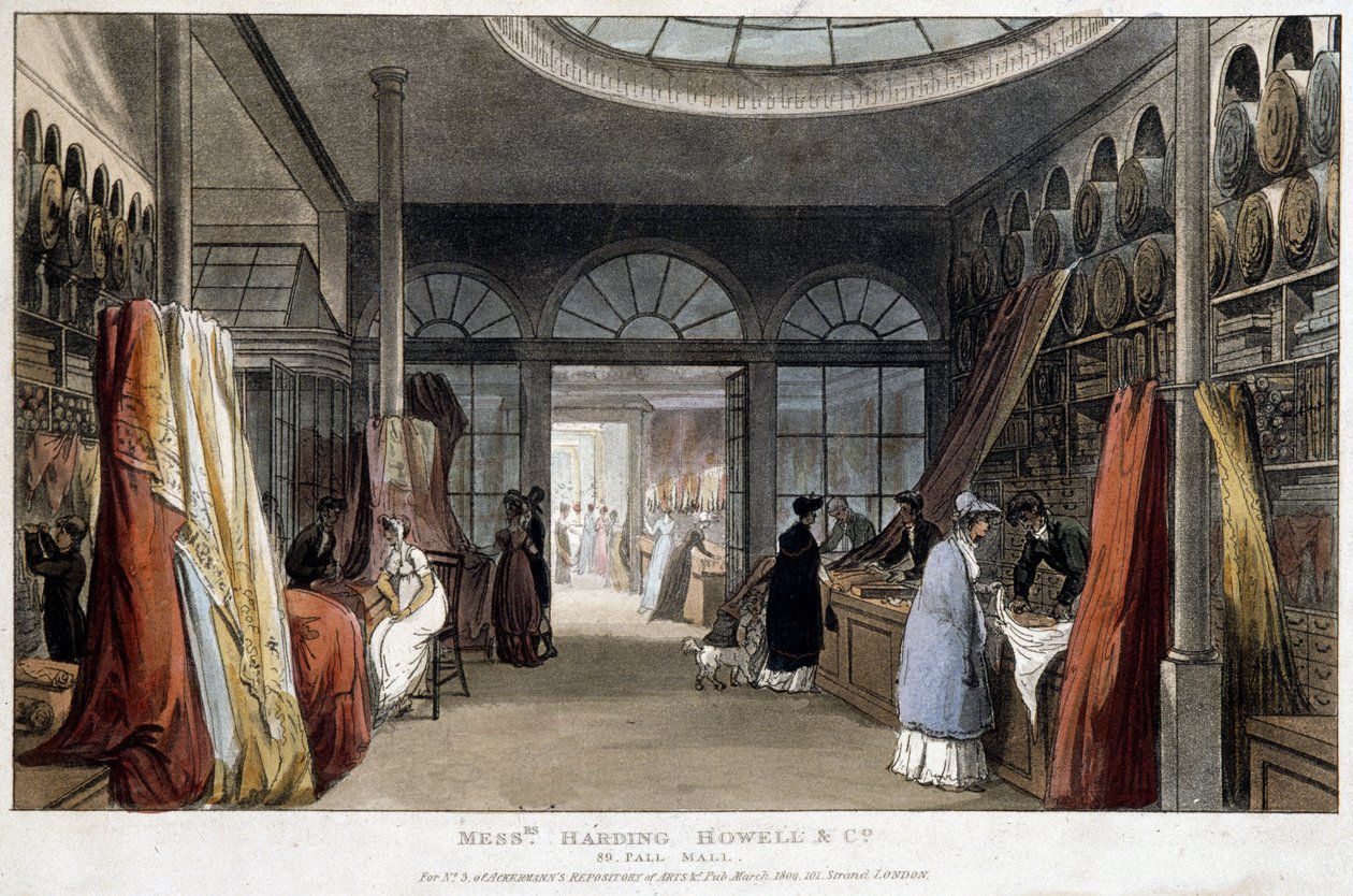 Una tienda de telas en Londres (Inglaterra) - Litografía alrededor de 1800 de Unknown artist
