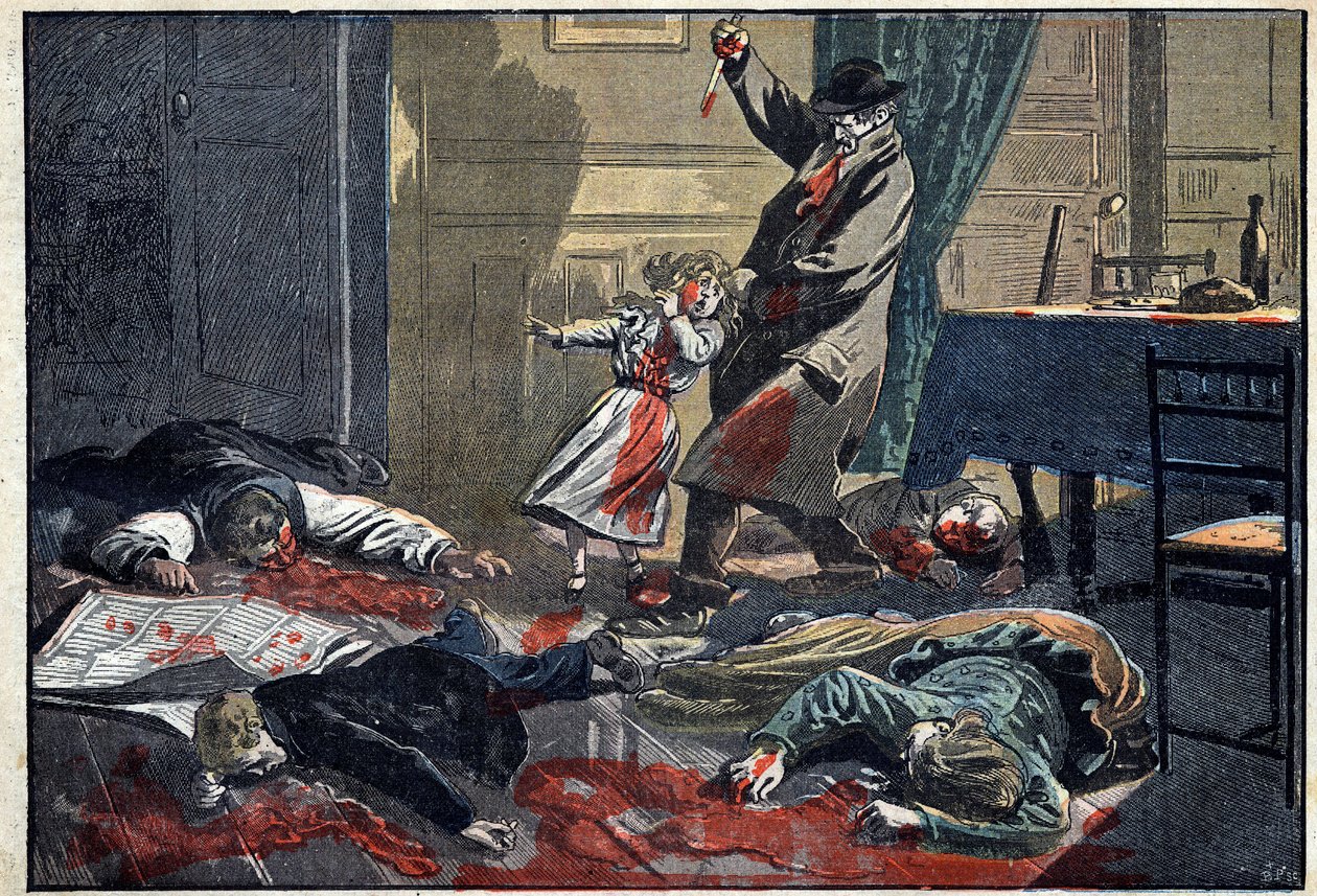 Una familia asesinada: asesinato de la familia Leblond por Caillard, un enloquecido, en Nassandre, cerca de Bernay. Ilustración en “Le Pelerin” de 10 de abril de Unknown artist