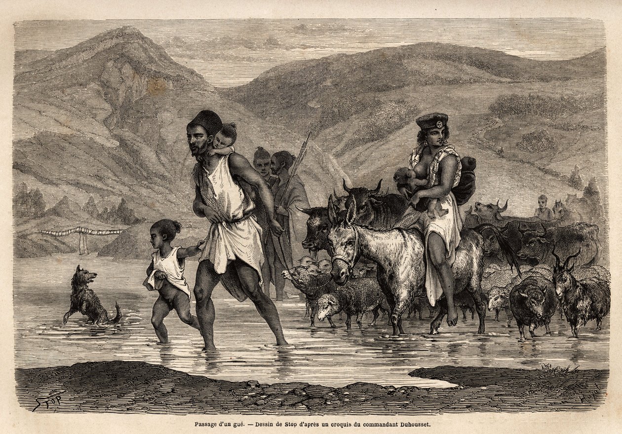 Una familia de pastores kabyle cruza el wadi Djema para ir al mercado de Beni Menguellet, el más importante de la región; el jefe de la familia se aventura primero, seguido por su familia y su rebaño, las ovejas primero y después el grueso del ganado. Grab de Unknown artist