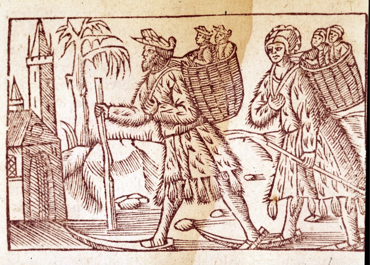 Una familia de noruegos viajando en esquís. Grabado de Olaus Magnus (1490 - 1557), religioso y geógrafo sueco, “Historia de Gentis Septentrionalibus”, Venecia de Unknown artist