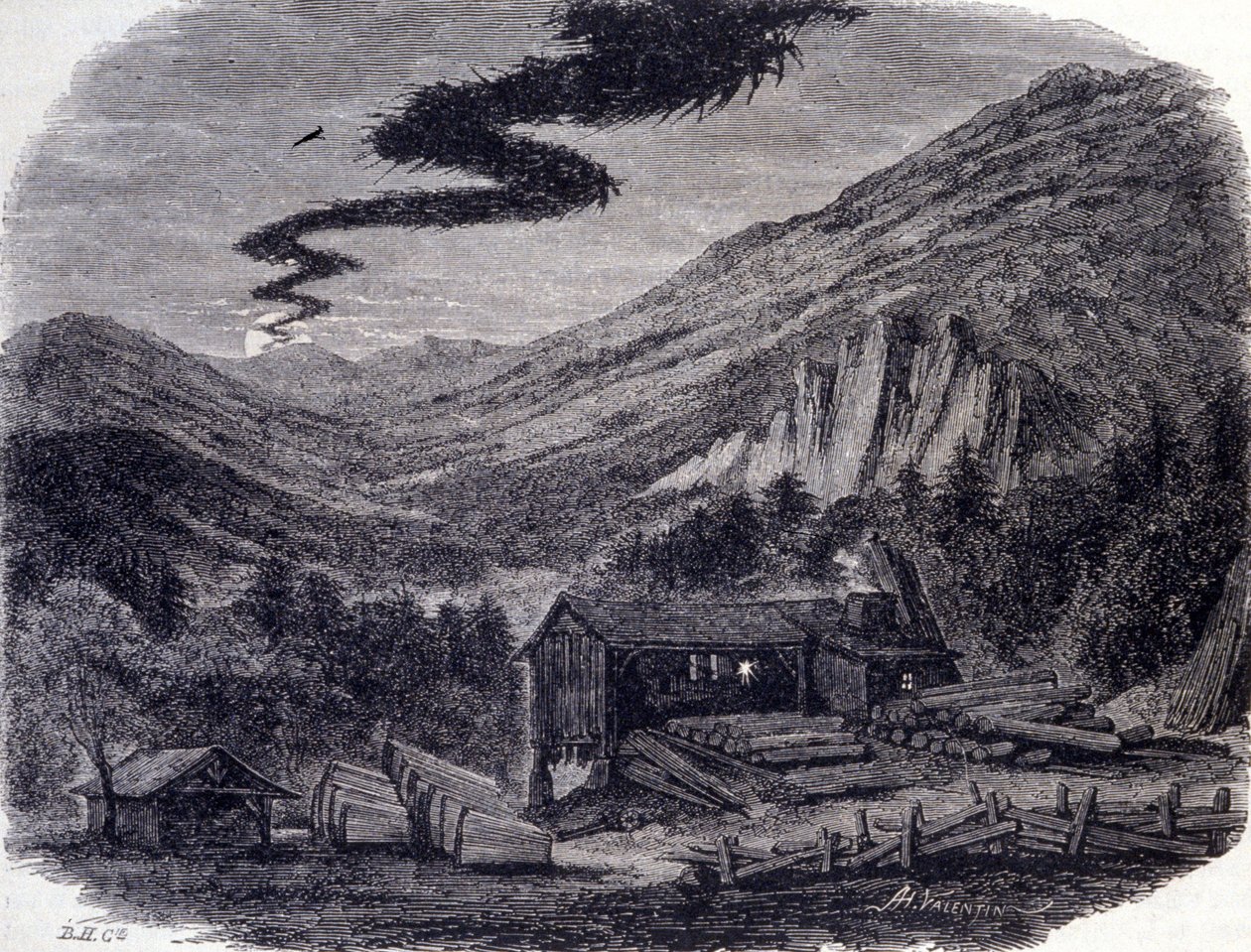 Una caza fantástica (aérea o salvaje) o Menee (la Menee Hellequin) o Mesnie en los Vosgos, una tempestad nocturna que según las leyendas populares se manifiesta después de una maldición o un aquelarre de brujas. Grabado del siglo XIX de Unknown artist