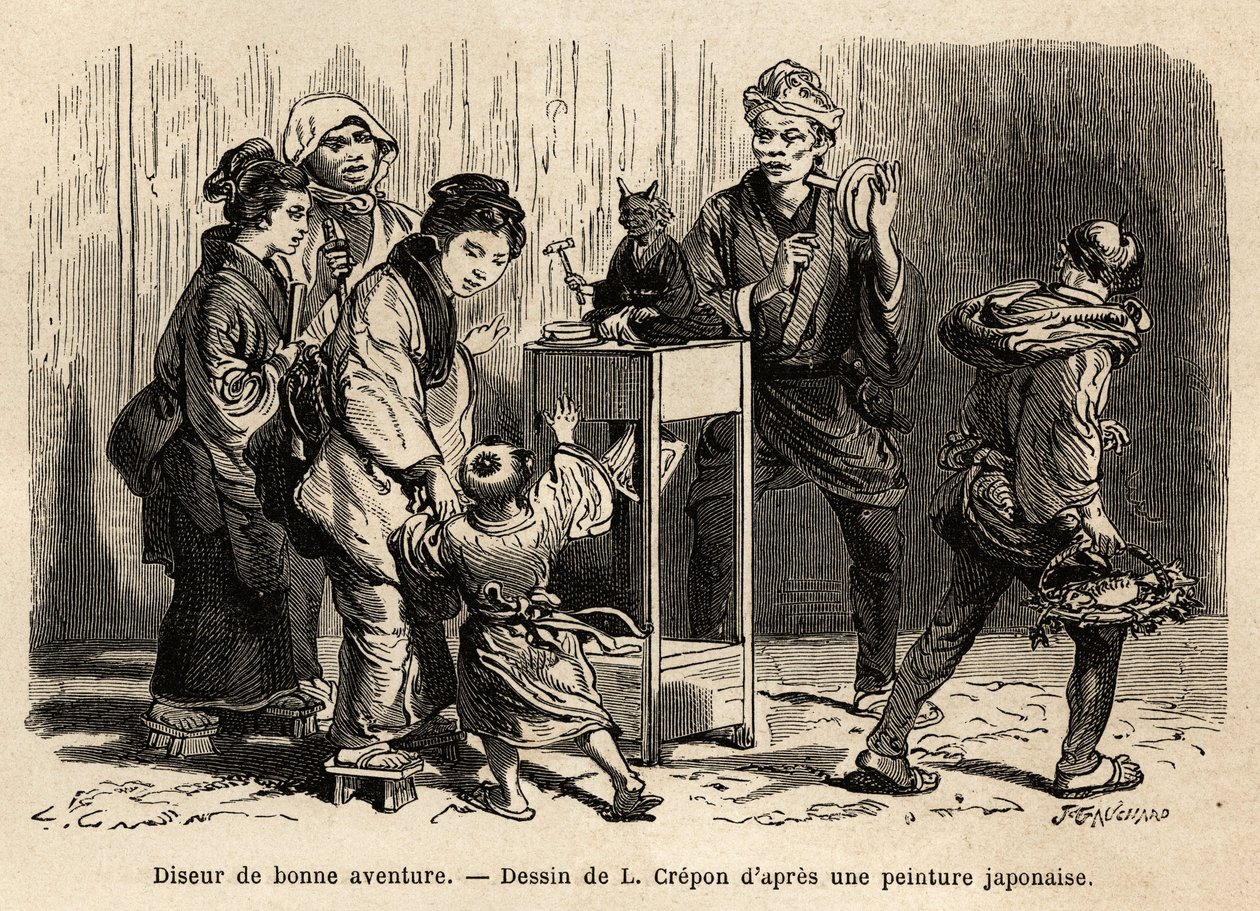 Una adivina en las calles de Edo (ahora Tokio). Grabado para ilustrar el viaje a Japón, por Aimé Humbert, ministro de la Confederación Suiza, en 1863-1864, publicado en Le tour du monde, bajo la dirección de Edouard Charton, Hachette, París de Unknown artist